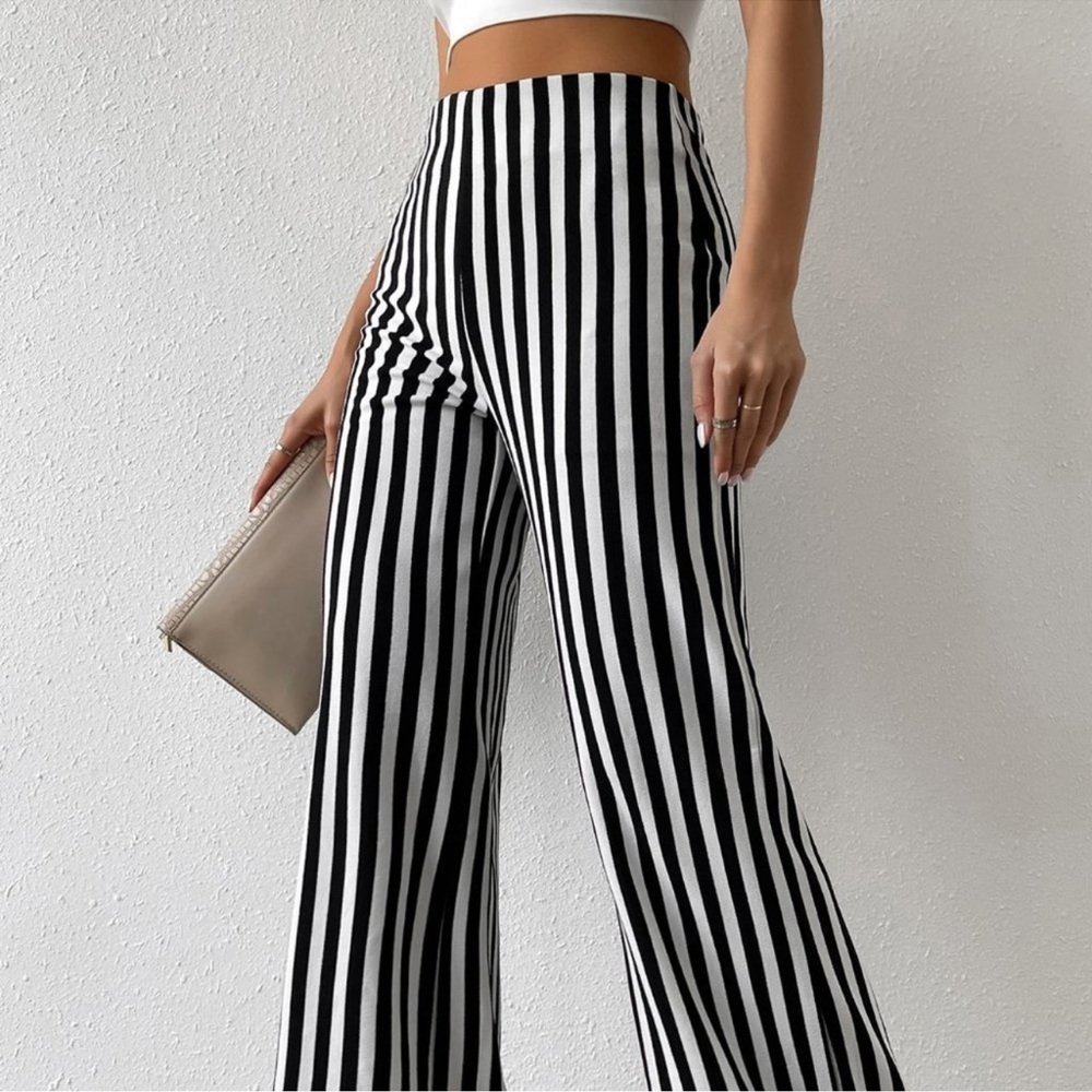 Black and White Casual Womens High Waist Vertical Striped Flare Leg Pants